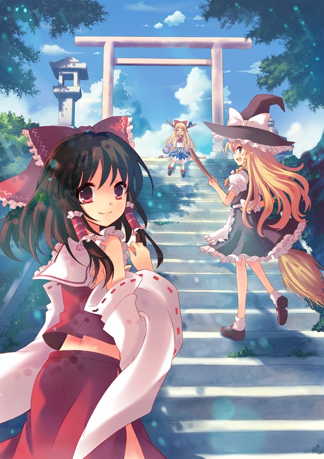 hakurei_reimu, ibuki_suika, kirisame_marisa, peach, touhou