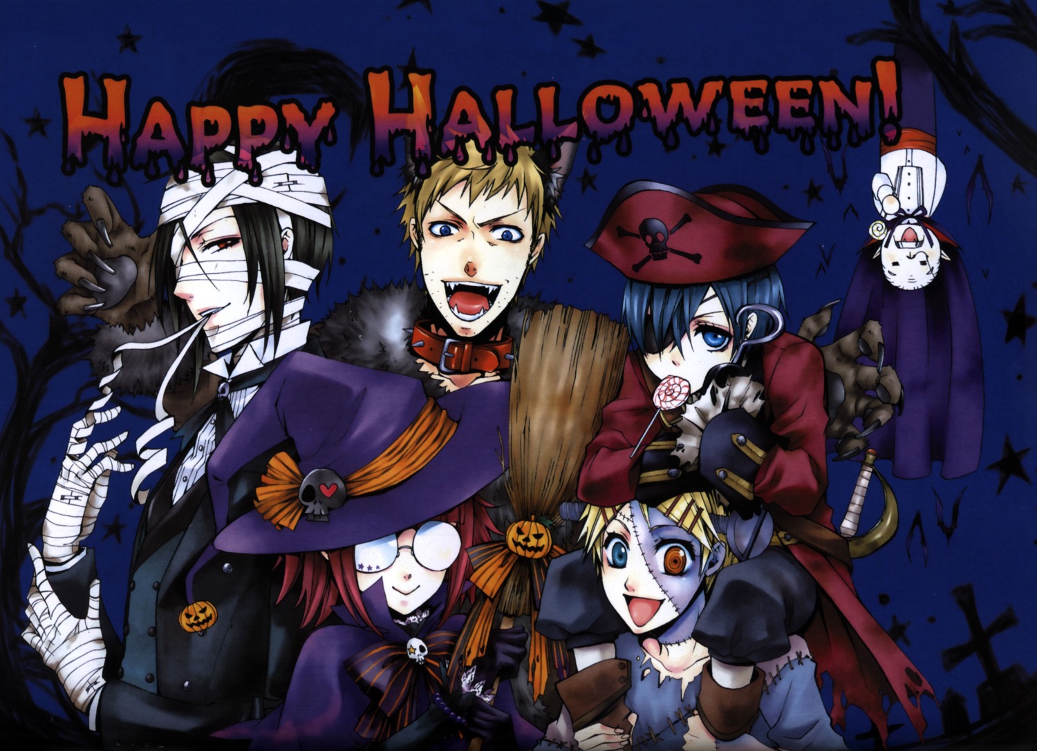 animal_ears, bard, ciel_phantomhive, eyepatch, finnian, halloween, kuroshitsuji, megane
