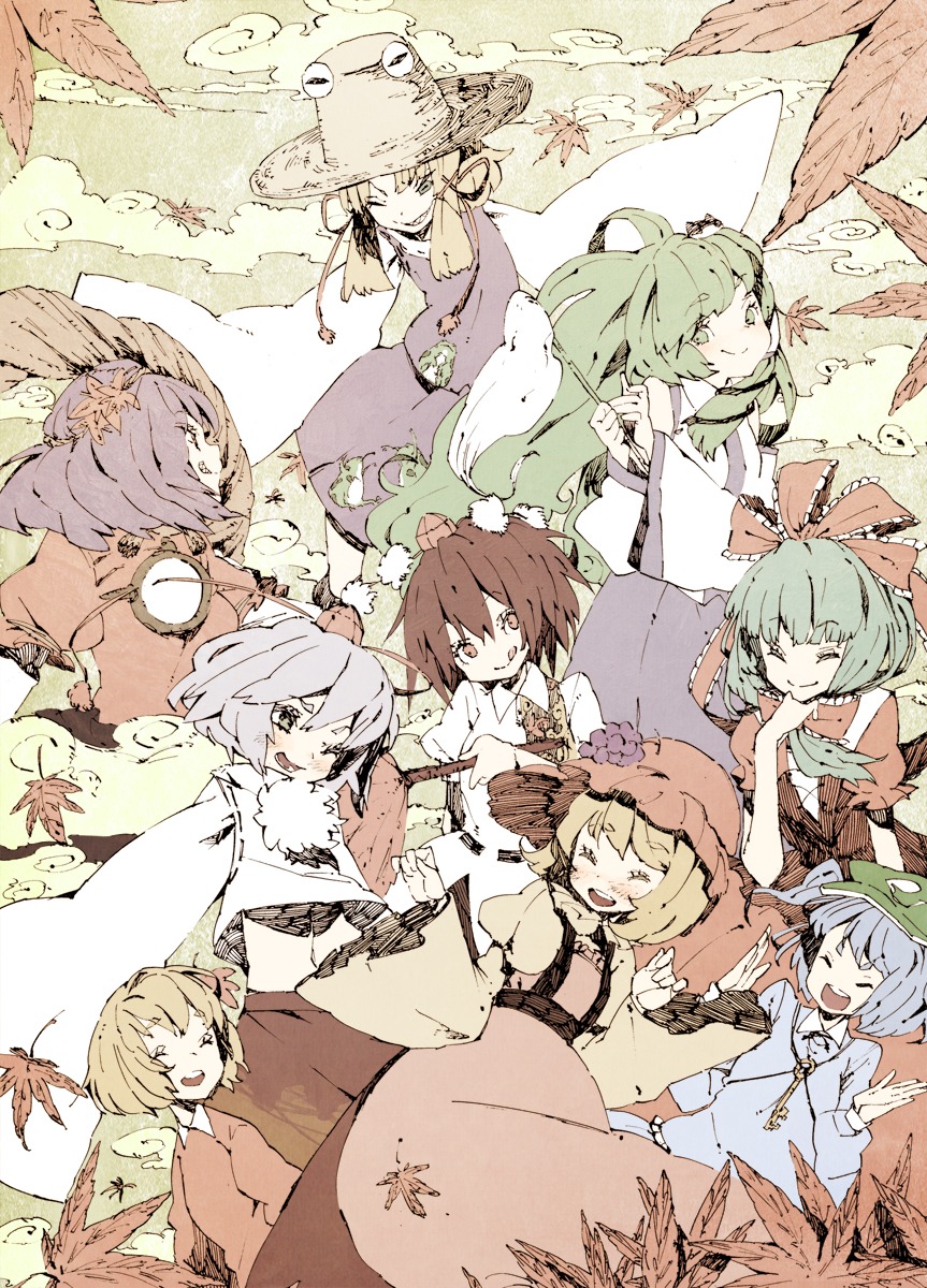 abara_heiki, aki_minoriko, aki_shizuha, inubashiri_momiji, kagiyama_hina, kawashiro_nitori, kochiya_sanae, moriya_suwako