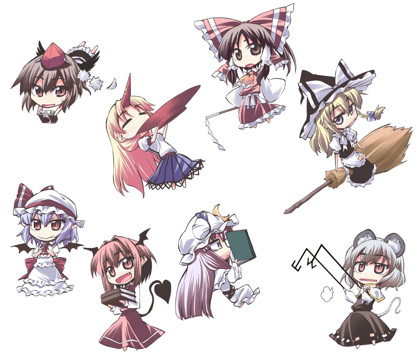 chibi, hakurei_reimu, hikawa_shou, horns, hoshiguma_yuugi, kirisame_marisa, koakuma, nazrin, patchouli_knowledge, remilia_scarlet, shameimaru_aya, touhou