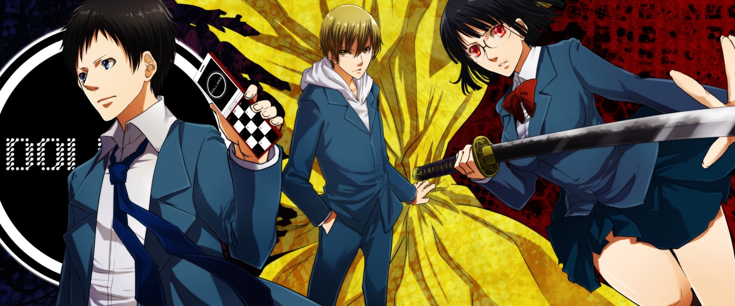 durarara!!, kanameyura, kida_masaomi, megane, ryuugamine_mikado, seifuku, sonohara_anri, sword