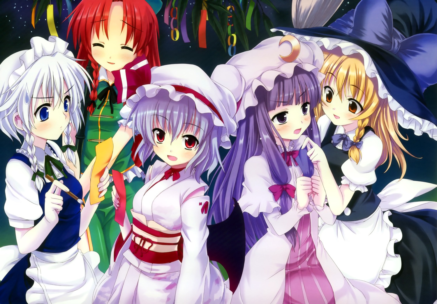 dress, hong_meiling, izayoi_sakuya, japanese_clothes, kirisame_marisa, maid, patchouli_knowledge, remilia_scarlet