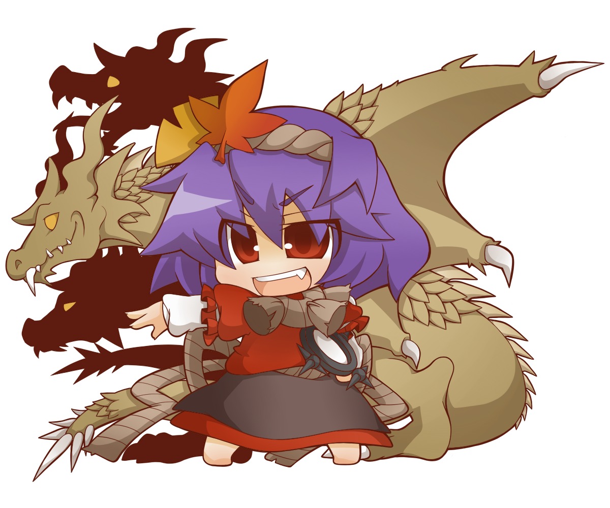 chibi, godzilla_(series), gurageida, king_ghidorah, touhou, yasaka_kanako