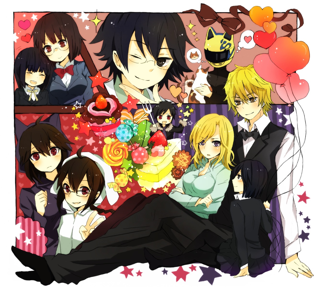 awakusu_akane, celty_sturluson, durarara!!, heiwajima_shizuo, kishitani_shinra, megane, mukimuki_mayuge, orihara_izaya