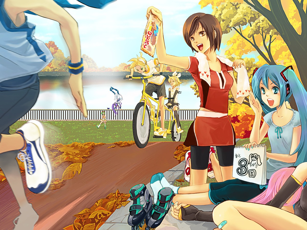 bike_shorts, gumi, hatsune_miku, kagamine_len, kagamine_rin, kamui_gakupo, meiko, shoda_masumi, thighhighs, vocaloid