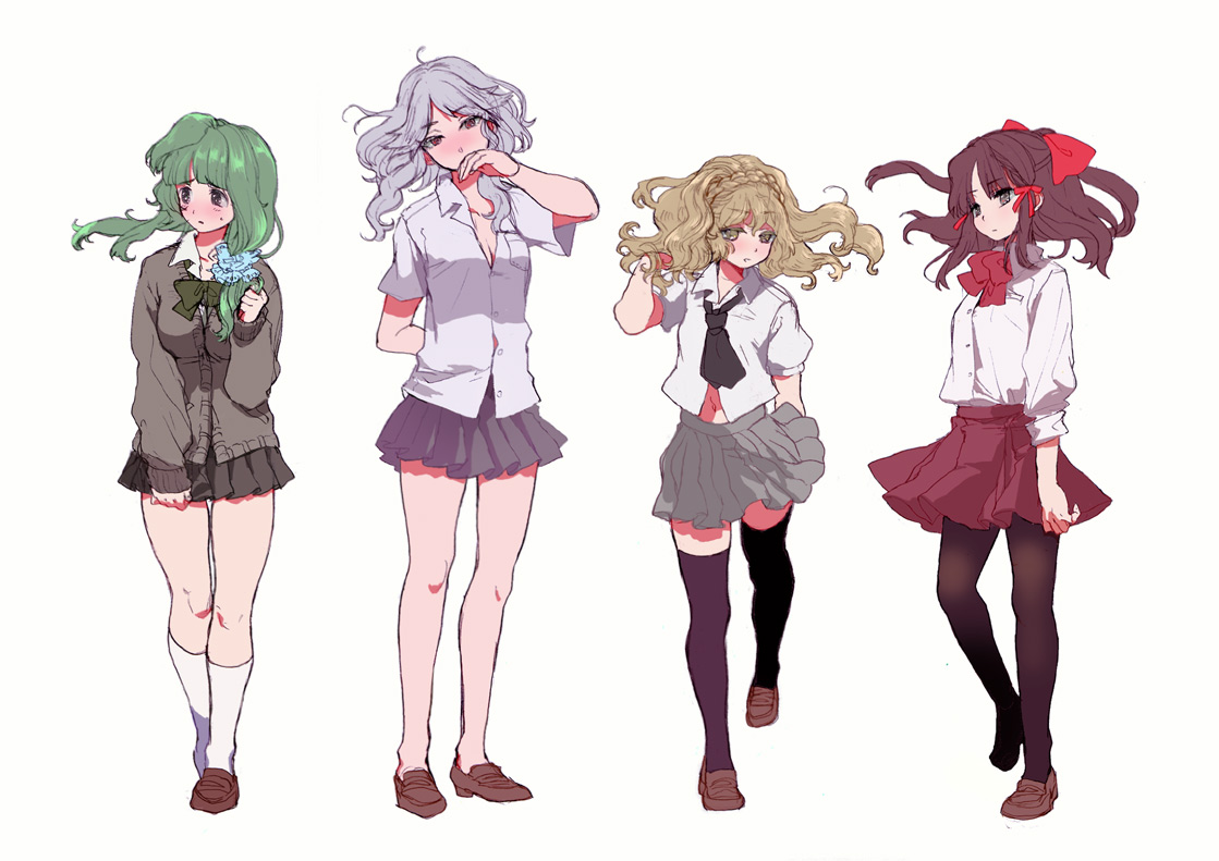 hakurei_reimu, hana-kagume, izayoi_sakuya, kanmuritokage, kirisame_marisa, kochiya_sanae, pantyhose, seifuku, thighhighs, touhou