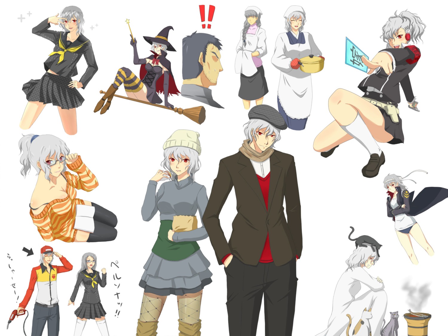buruma, doujima_ryoutarou, female_protagonist_(p3), fishnets, megane, megaten, narukami_yuu, neko, pantyhose, persona, persona_3, persona_4, seifuku, thighhighs, toki_hakashi, wallpaper, witch