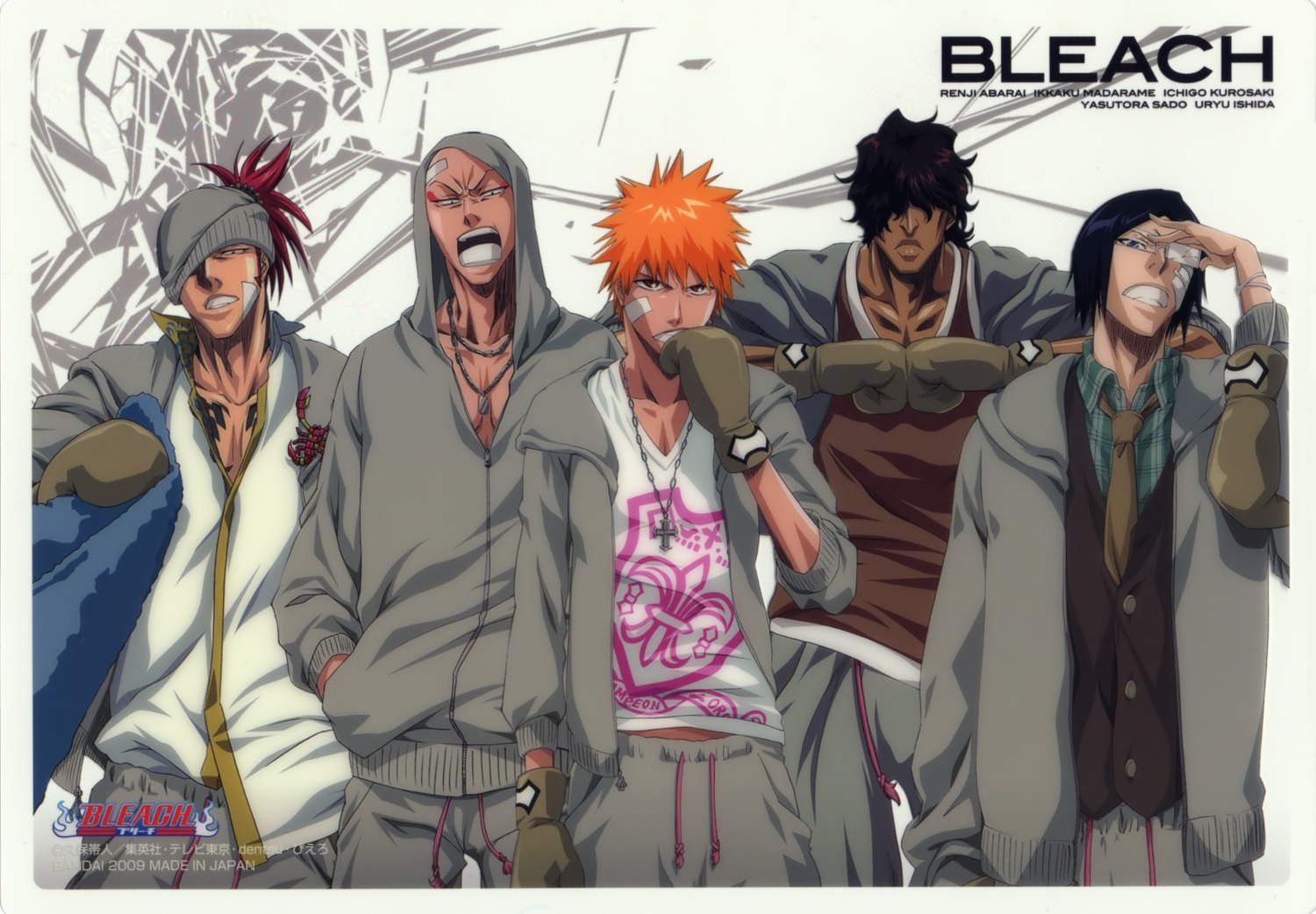 abarai_renji, bleach, eyepatch, kurosaki_ichigo, madarame_ikkaku, male, uryuu_ishida, yasutora_sado