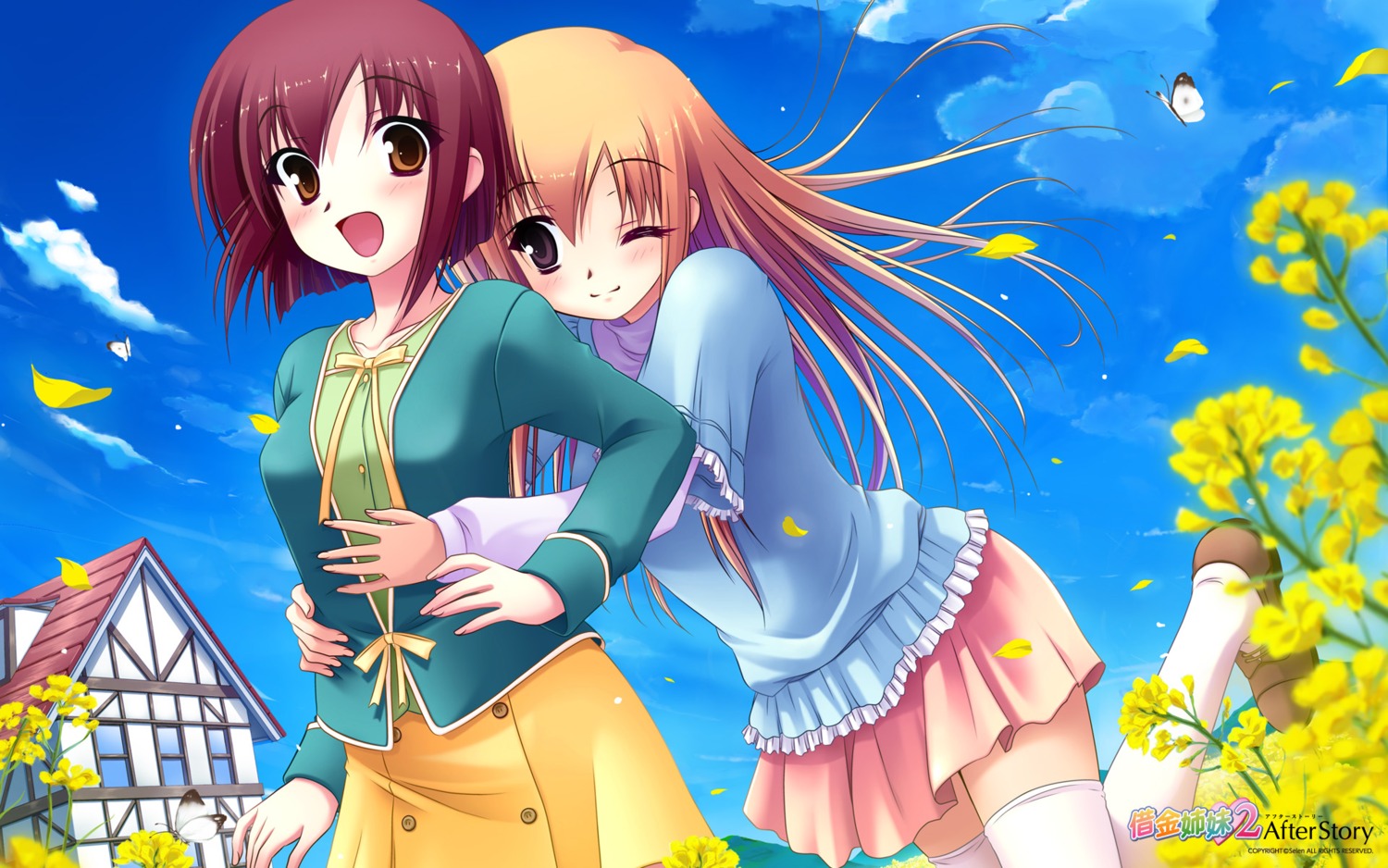 miyamori_kaho, miyamori_kasumi, okuma_masami, selen, shakkin_shimai, shakkin_shimai_2, thighhighs, wallpaper