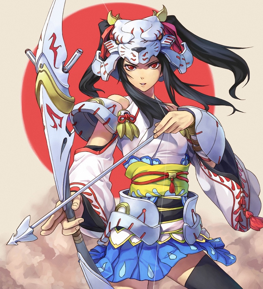 armor, japanese_clothes, ryuutetsu, thighhighs, weapon