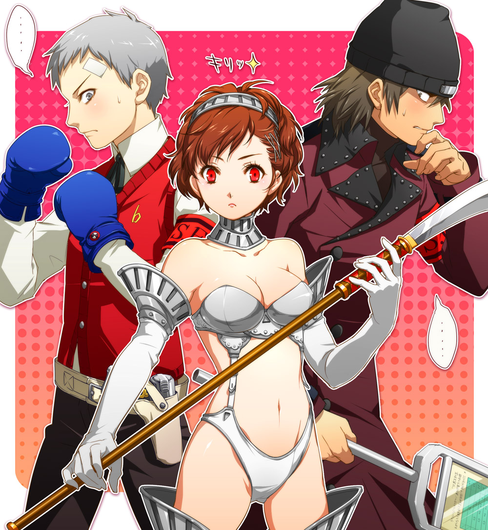 aragaki_shinjirou, armor, cleavage, female_protagonist_(p3), jpeg_artifacts, megaten, persona, persona_3, sanada_akihiko, sword, tetsukuzu_tetsuko