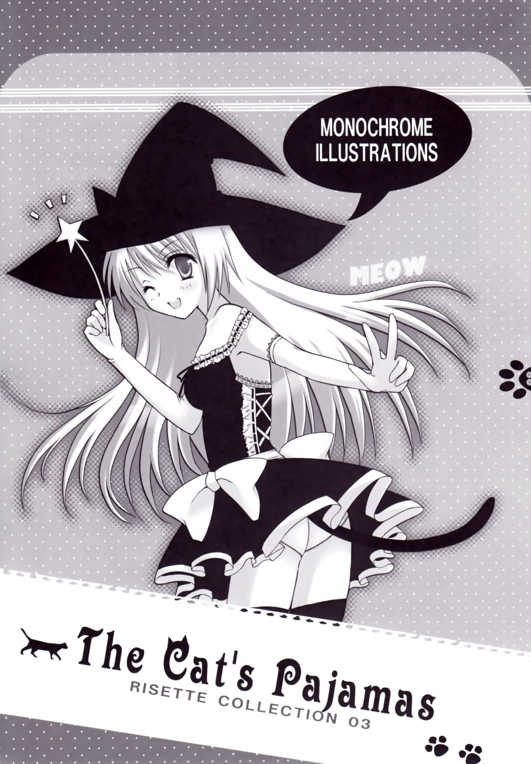 animal_ears, haco, monochrome, nekomimi, pantsu, risebox, tail, thighhighs