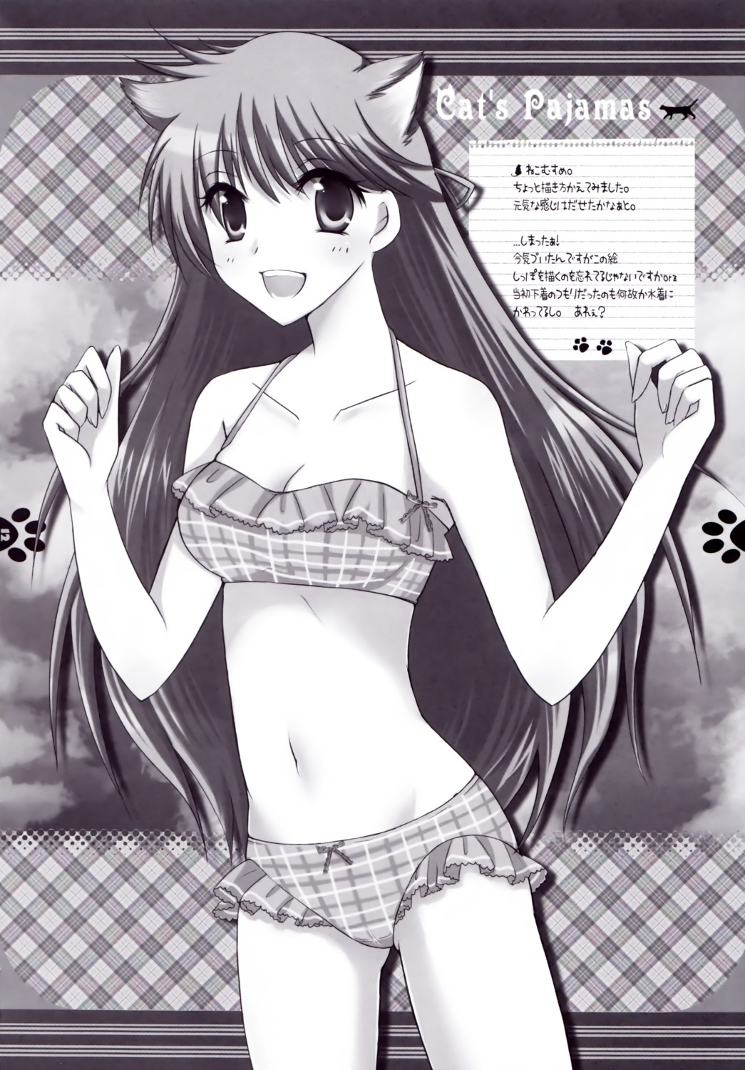 animal_ears, haco, monochrome, nekomimi, risebox, swimsuits
