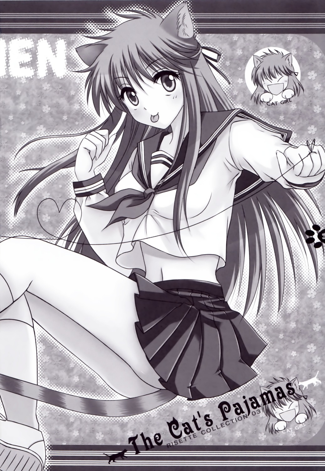 animal_ears, haco, monochrome, nekomimi, risebox, seifuku, tail