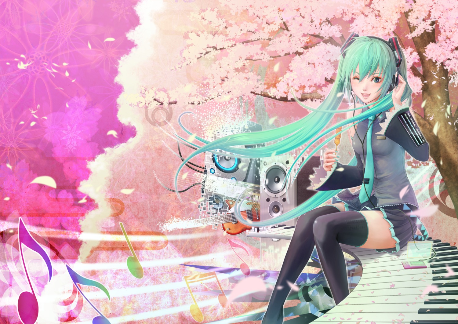 dangan_(pixiv22262), hatsune_miku, headphones, landscape, thighhighs, vocaloid