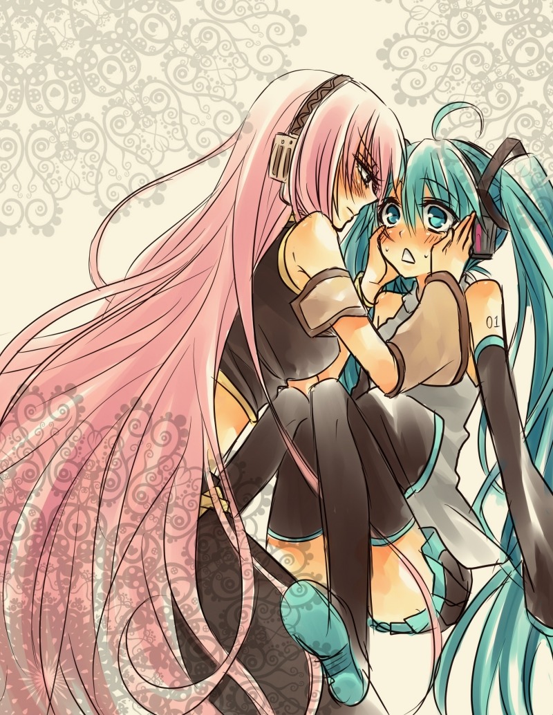 hatsune_miku, megurine_luka, sakuragi_mikan, thighhighs, vocaloid, yuri