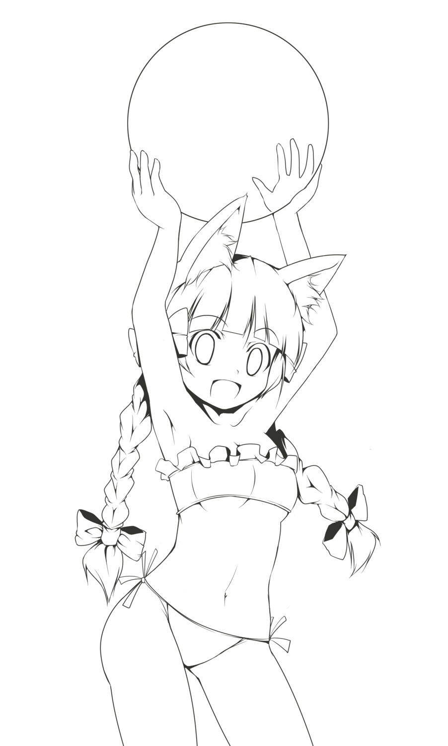 animal_ears, fujy, kaenbyou_rin, line_art, swimsuits, touhou