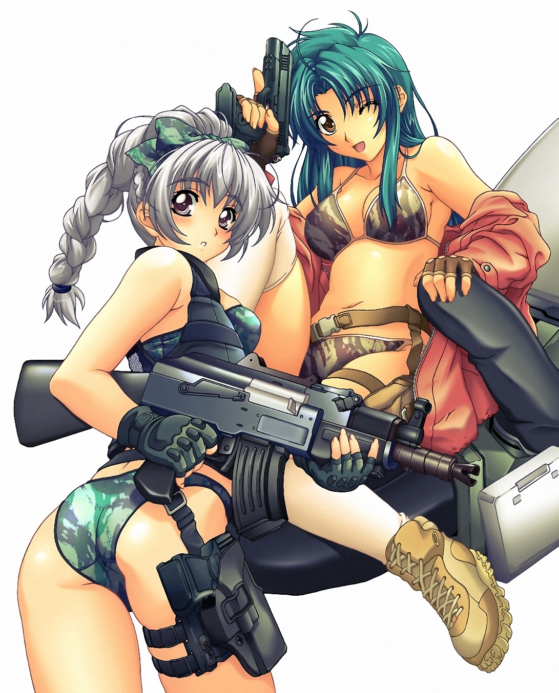 ass, bikini, chidori_kaname, chou_yoriyuki, cleavage, full_metal_panic, gun, swimsuits