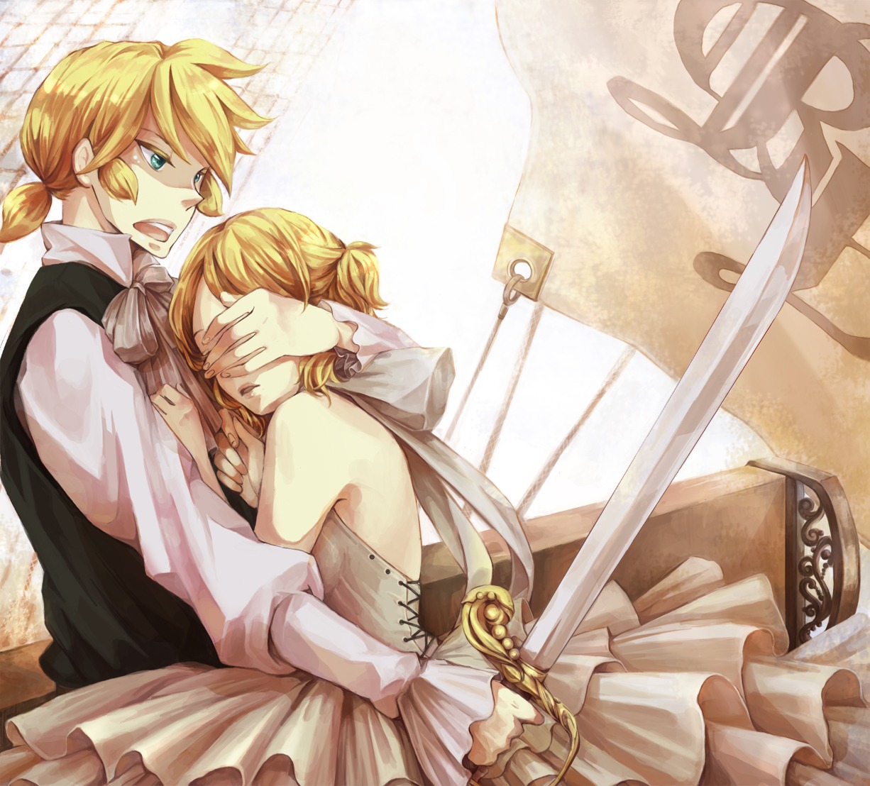 dress, kagamine_len, kagamine_rin, shouyu_meshi, sword, vocaloid