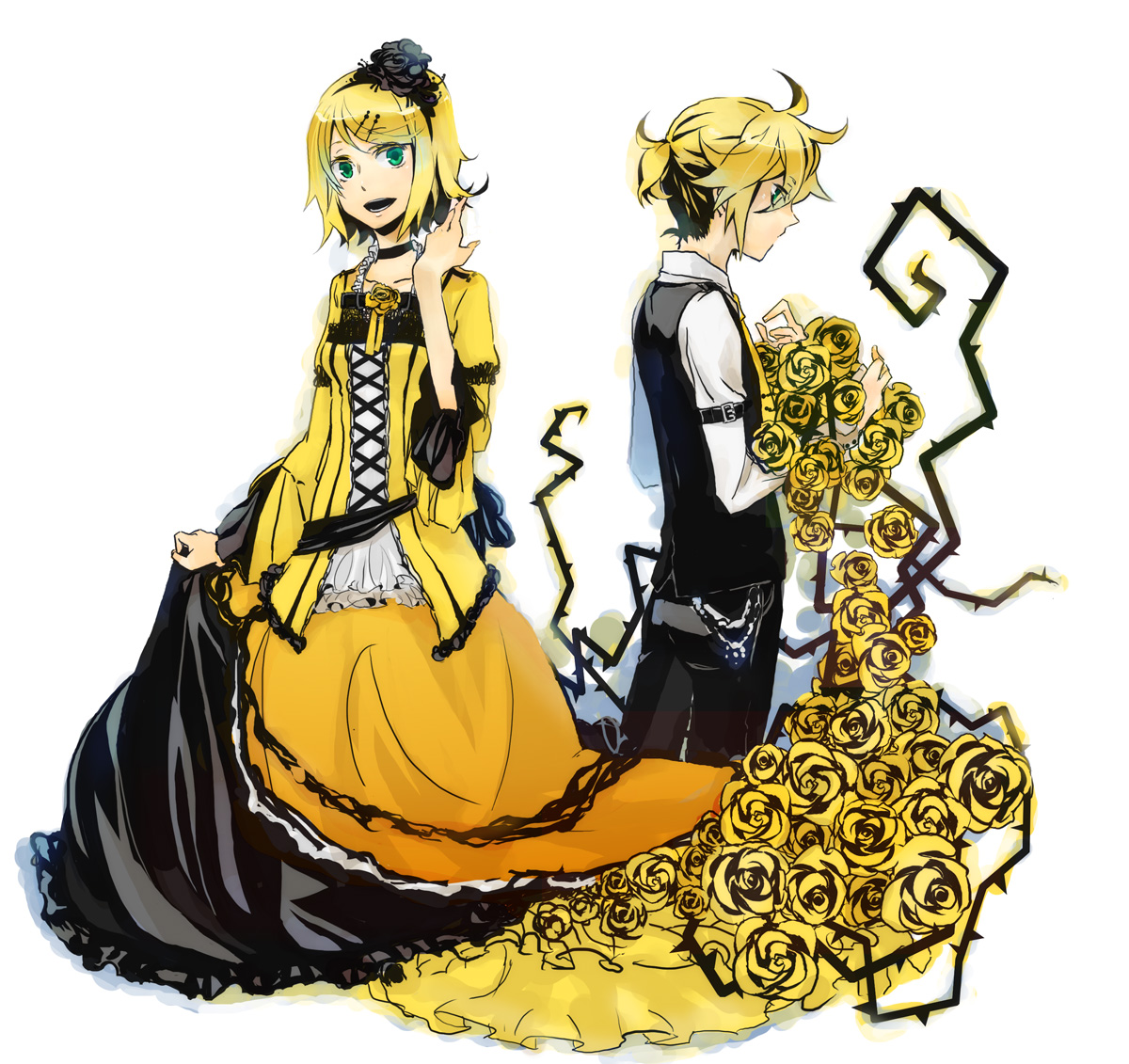 aku_no_meshitsukai_(vocaloid), dress, hizuki, kagamine_len, kagamine_rin, vocaloid