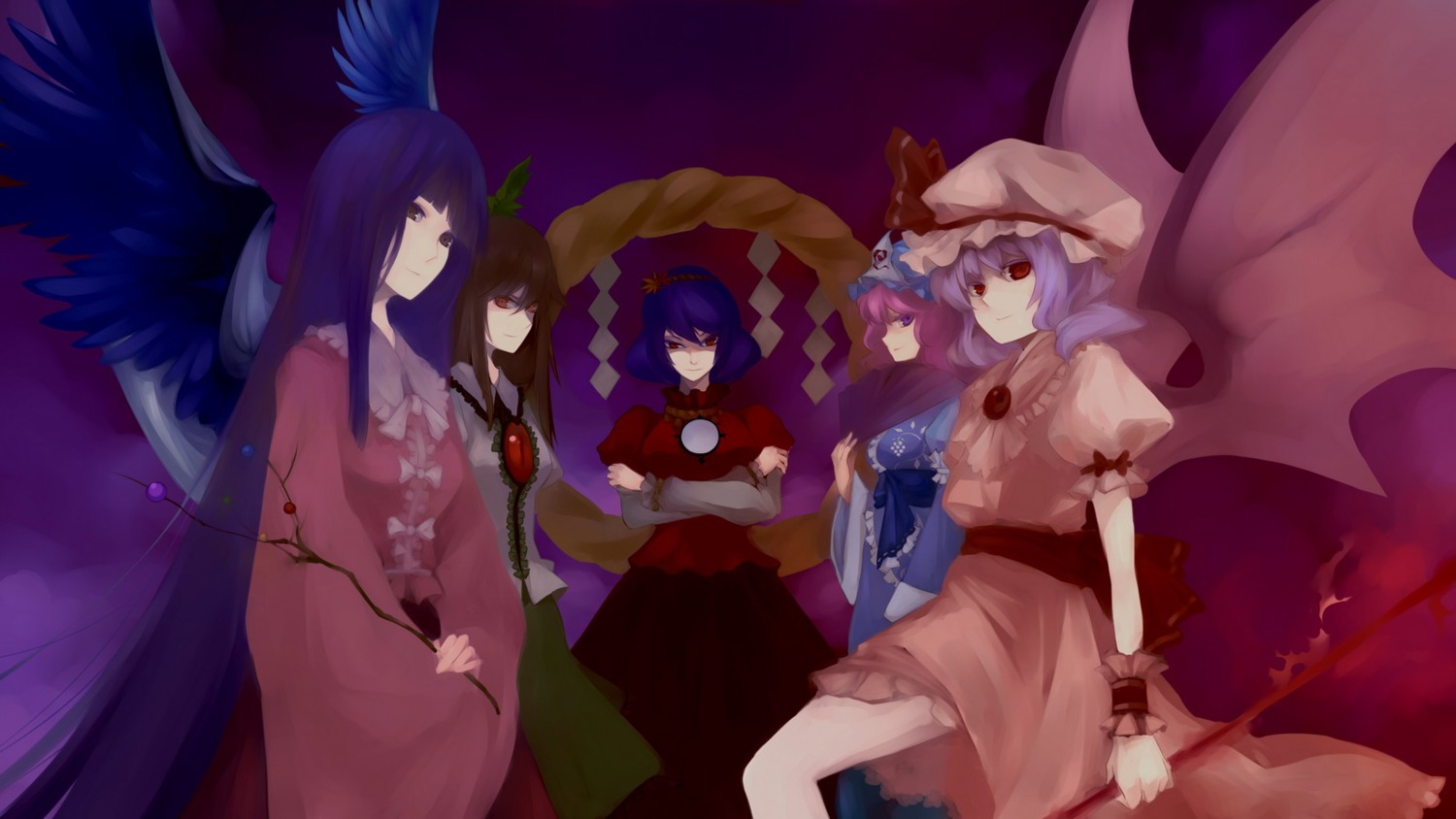 ann606, houraisan_kaguya, reiuji_utsuho, remilia_scarlet, saigyouji_yuyuko, touhou, wallpaper, wings