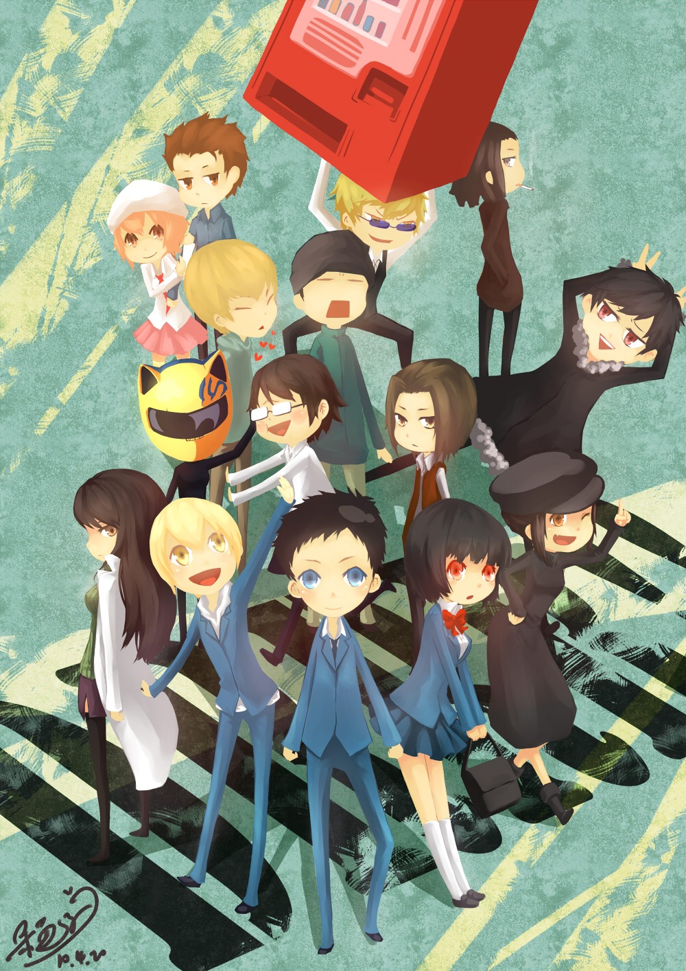 celty_sturluson, chibi, durarara!!, harima_mika, heiwajima_shizuo, kadota_kyouhei, karisawa_erika, kida_masaomi