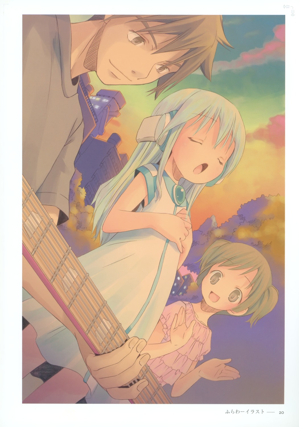 dress, flower, guitar, headphones, keiichirou, kowarekake_no_orgel, noriko_(kowarekake_no_orgel), pop