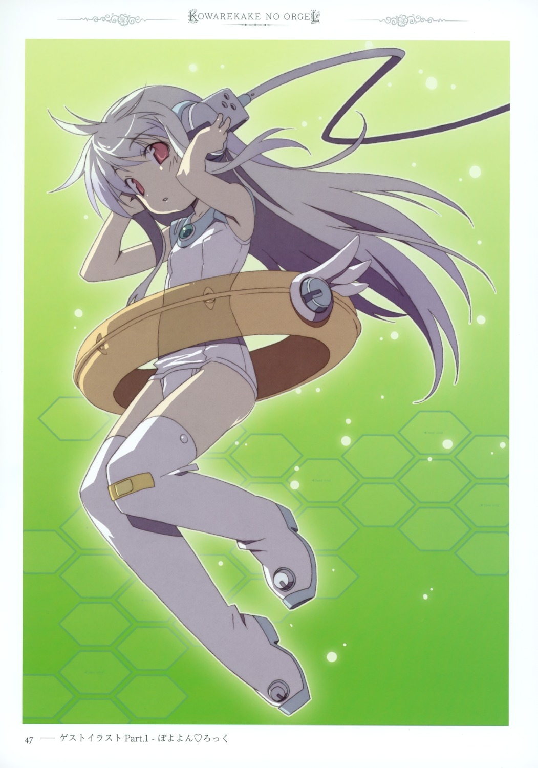 bandaid, flower, headphones, kowarekake_no_orgel, school_swimsuit, swimsuits, thighhighs, watanabe_akio