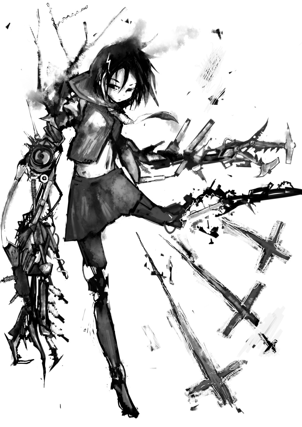 continue, mecha_musume, monochrome, pantyhose