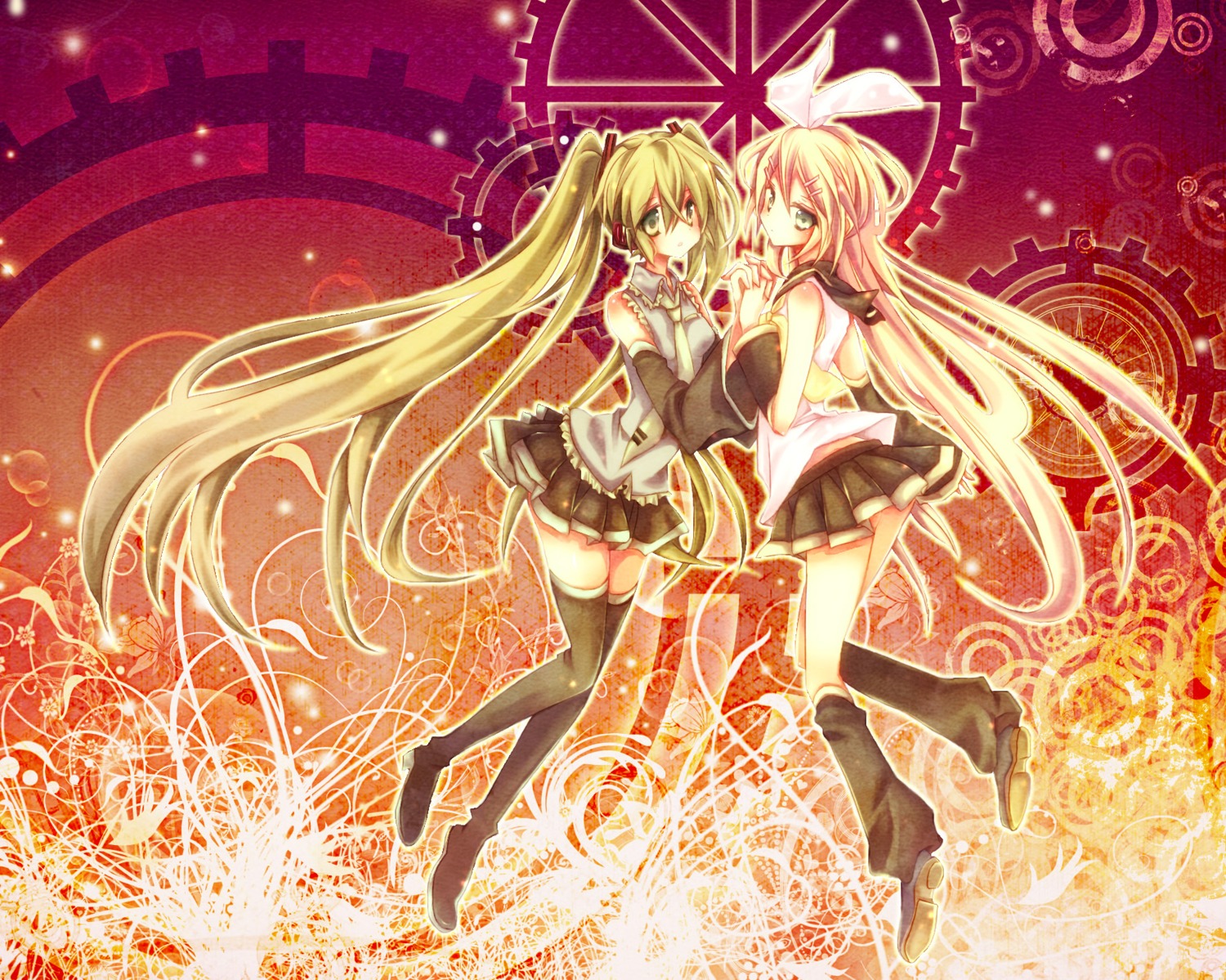 hatsune_miku, kagamine_rin, keimari, thighhighs, vocaloid