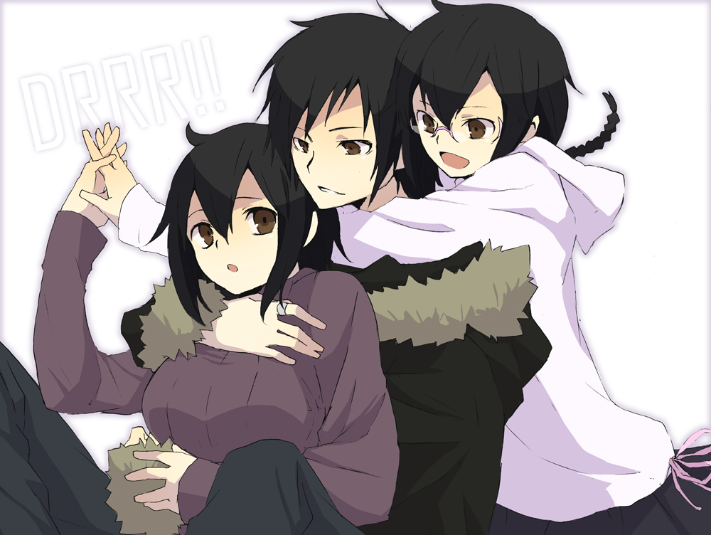 durarara!!, hirasaka_(okome13), megane, orihara_izaya, orihara_kururi, orihara_mairu