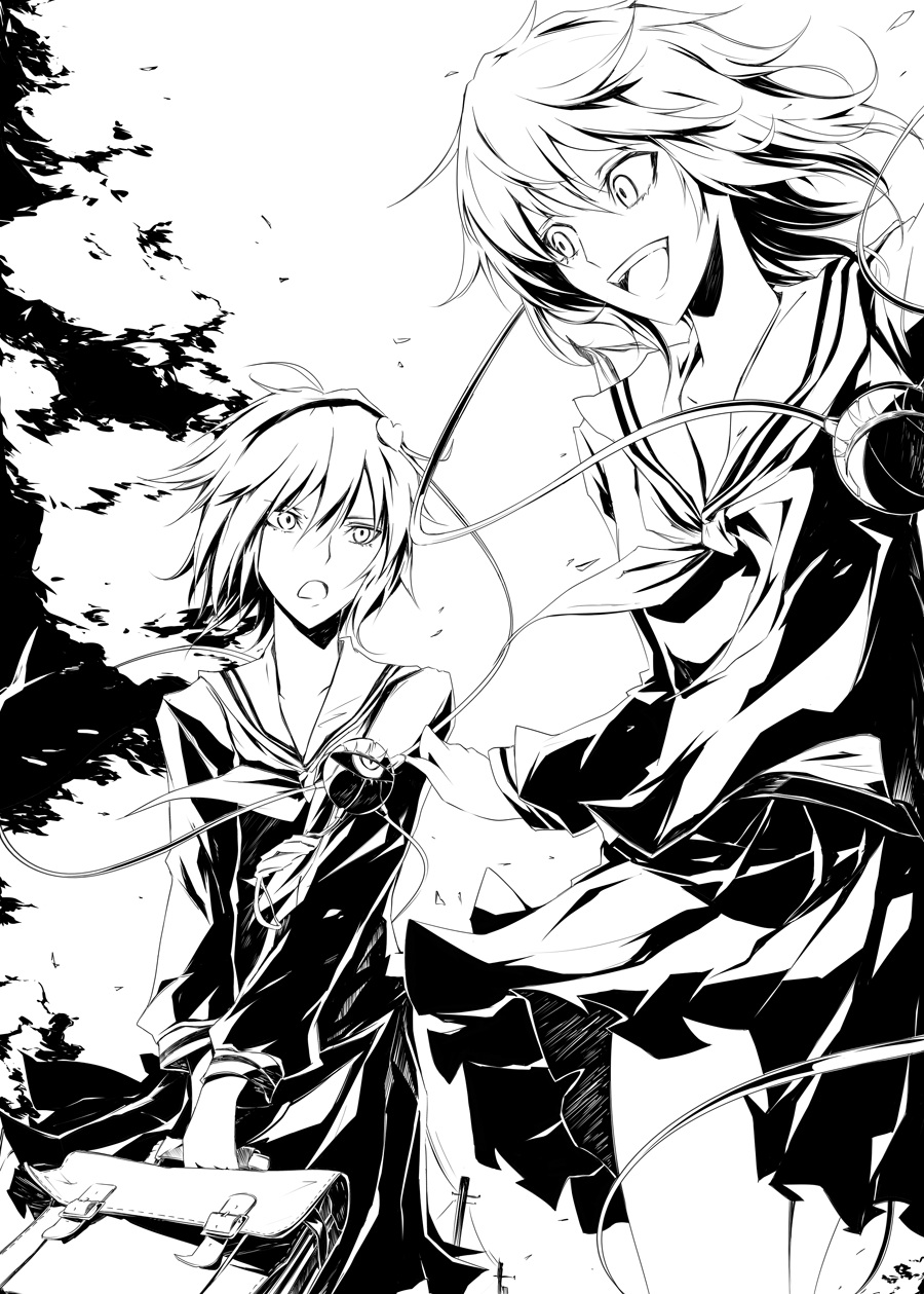 komeiji_koishi, komeiji_satori, monochrome, pkk, seifuku, touhou