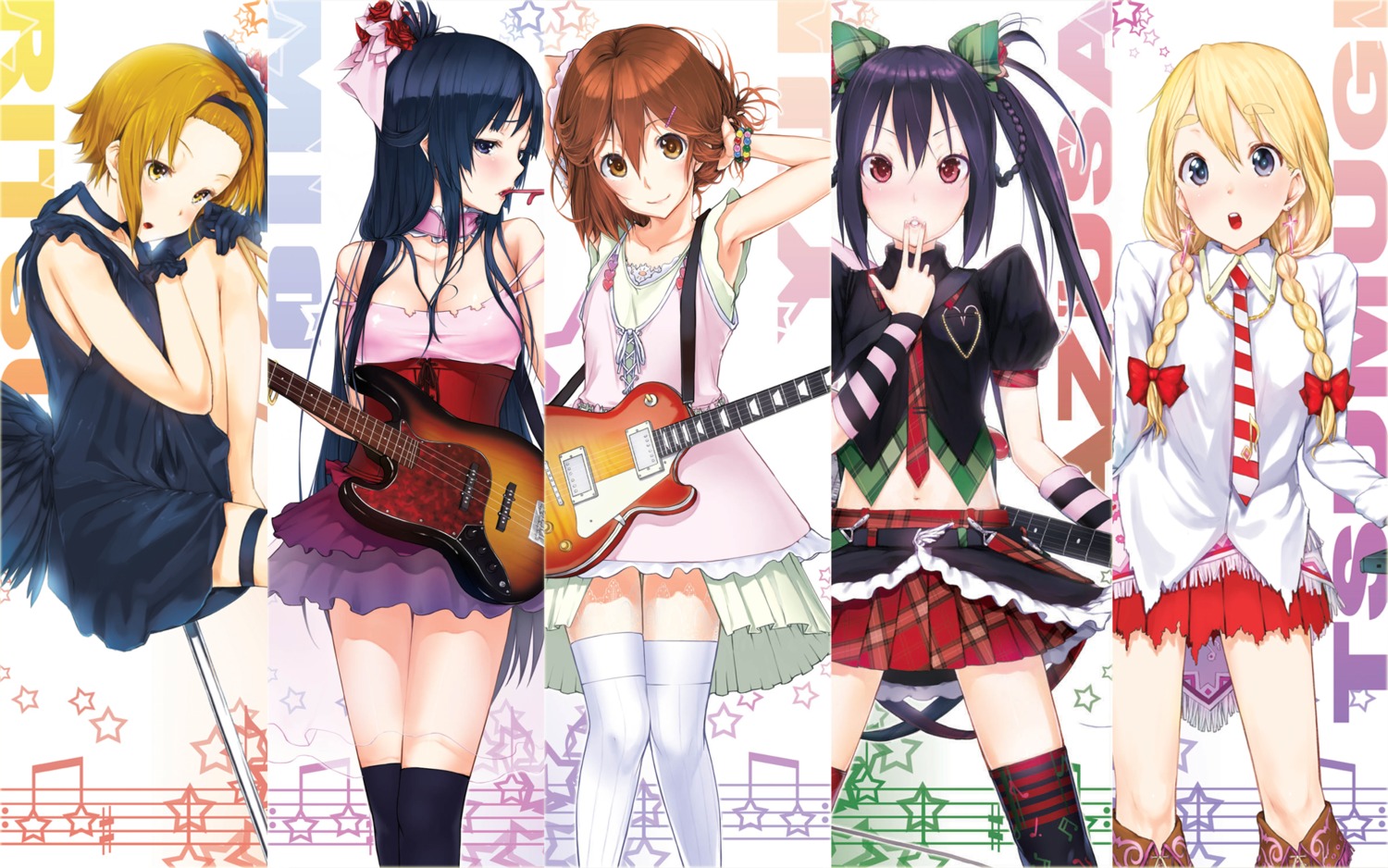 akiyama_mio, guitar, hirasawa_yui, k-on!, ken-1, kotobuki_tsumugi, nakano_azusa, tainaka_ritsu, thighhighs, wallpaper