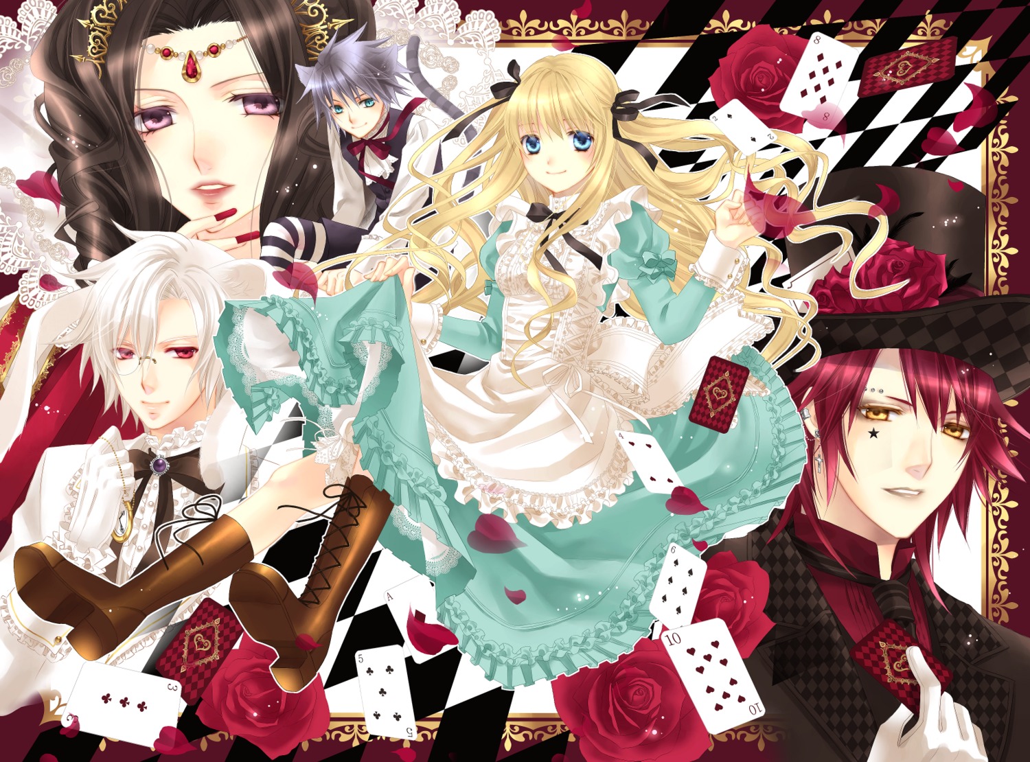 alice, alice_in_wonderland, cheshire_cat, dress, mad_hatter, megane, queen_of_hearts, soushi_araragi