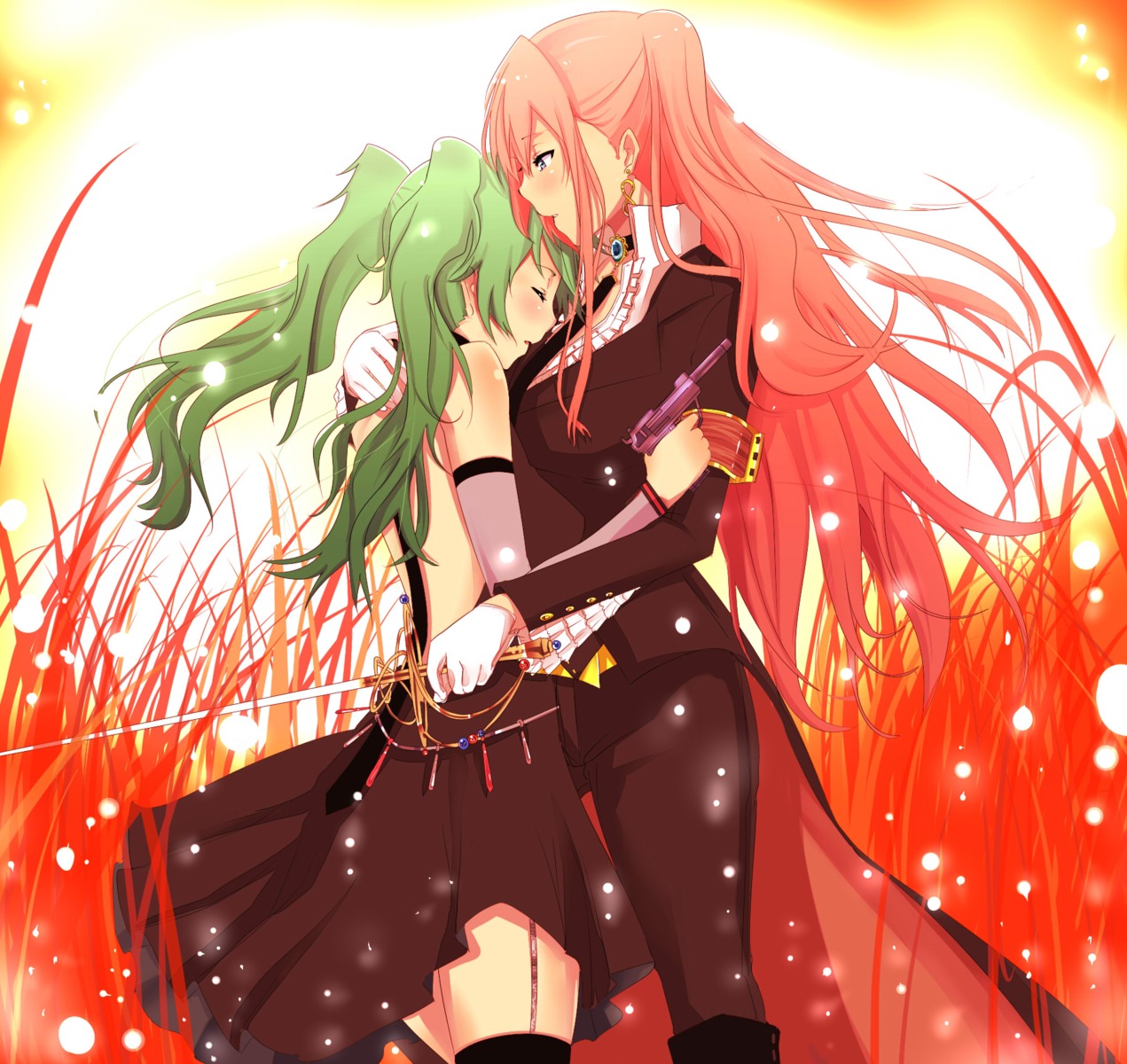 hatsune_miku, megurine_luka, nuko_(mikupantu), stockings, thighhighs, vocaloid