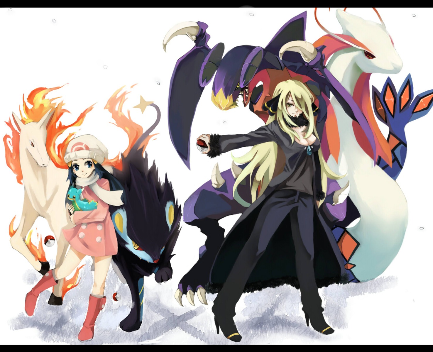 garchomp, hikari_(pokemon), jpeg_artifacts, luxray, milotic, nonrain, pokemon, pokemon_bdsp
