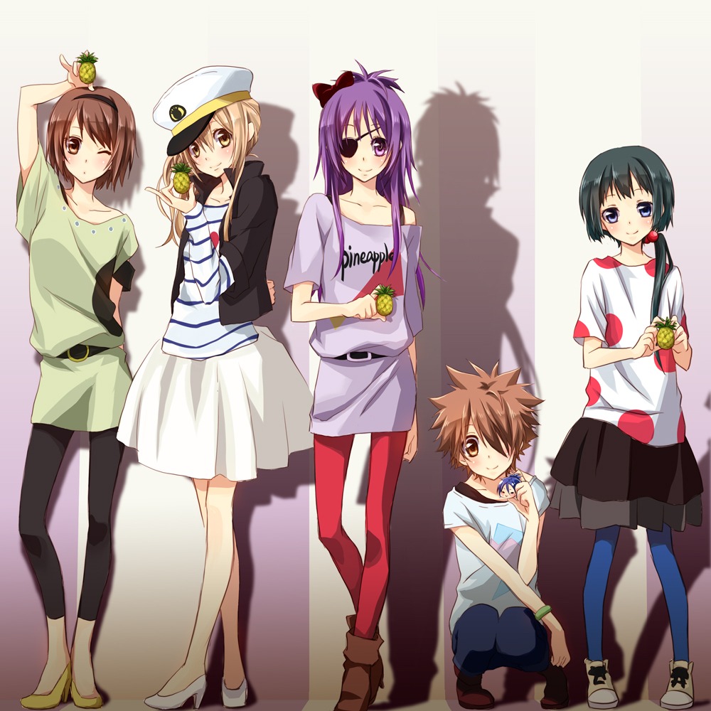 chrome_dokuro, crossover, eyepatch, k-on!, katekyo_hitman_reborn!, miura_haru, pantyhose, parody, rokudou_mukuro, sasagawa_kyoko, sawada_tsunayoshi, shiin, uni_(reborn)