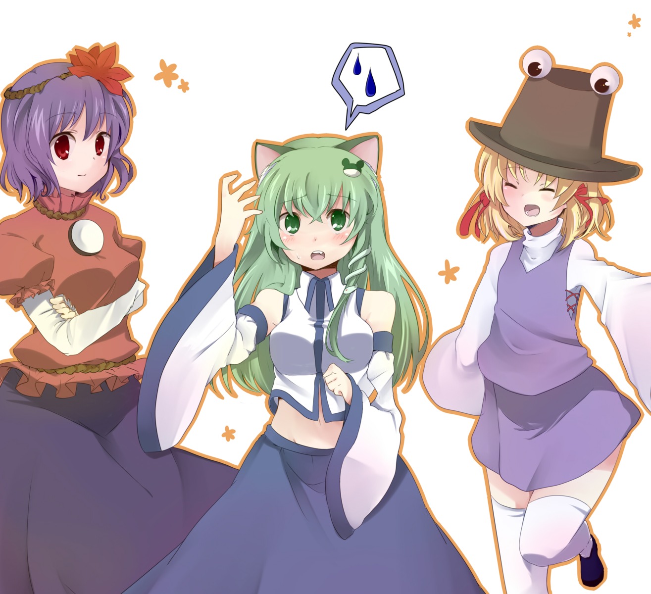 animal_ears, kochiya_sanae, moriya_suwako, touhou, yasaka_kanako, yuzuha_(artist)