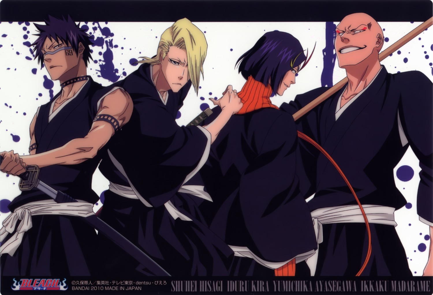 ayasegawa_yumichika, bleach, hisagi_shuuhei, kira_izuru, madarame_ikkaku, male, sword