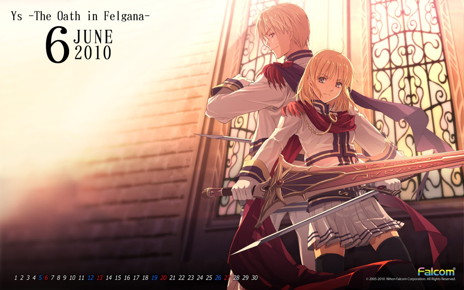 calendar, chester_stoddart, elena_stoddart, falcom, sword, thighhighs, wallpaper, ys
