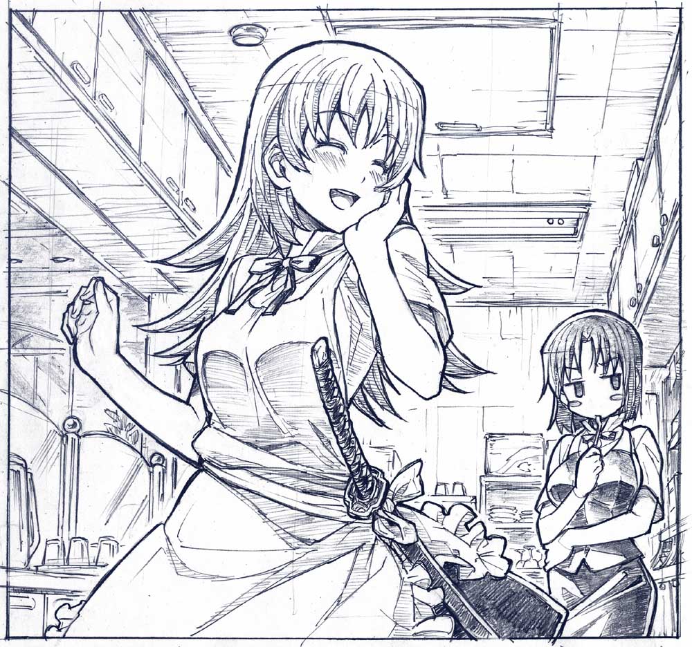 monochrome, sakino_shingetsu, shirafuji_kyouko, sketch, sword, todoroki_yachiyo, waitress, working!!