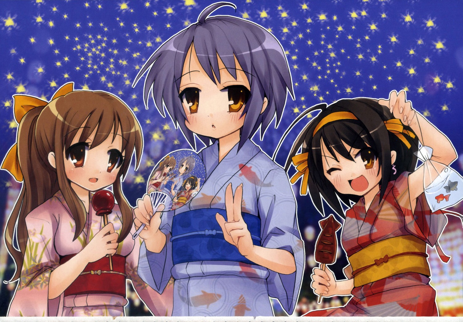 asahina_mikuru, nagato_yuki, suzumiya_haruhi, suzumiya_haruhi_no_yuuutsu, towaru_ana, yukata