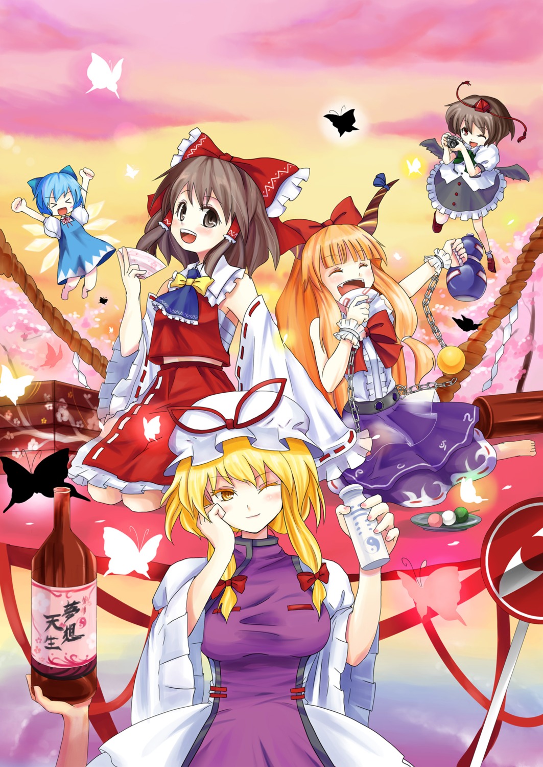 cirno, hakurei_reimu, ibuki_suika, shameimaru_aya, touhou, watase-ya, yakumo_yukari