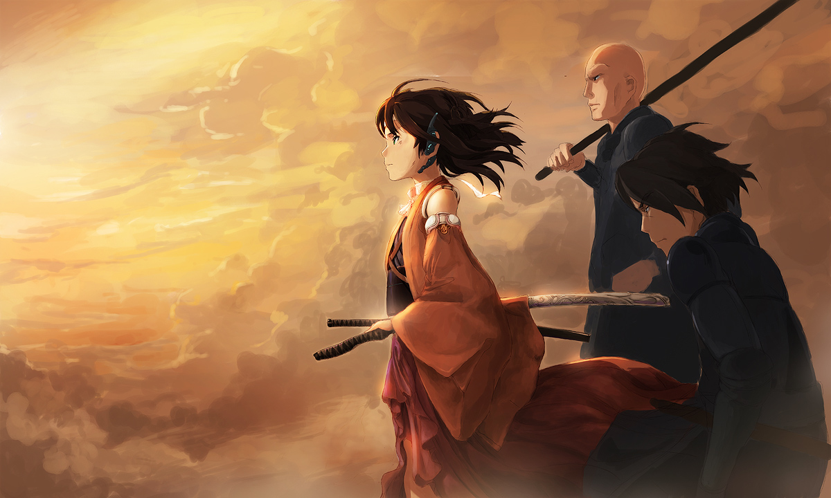 armor, headphones, japanese_clothes, shiika_sadamasa, sword