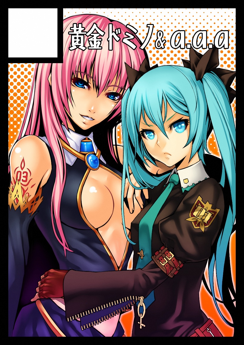 aka_(shoumae), cleavage, hatsune_miku, megurine_luka, open_shirt, vocaloid