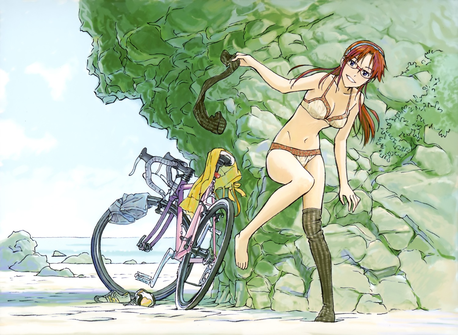 bra, hiramatsu_tadashi, makinami_mari_illustrious, megane, neon_genesis_evangelion, pantsu, thighhighs, undressing