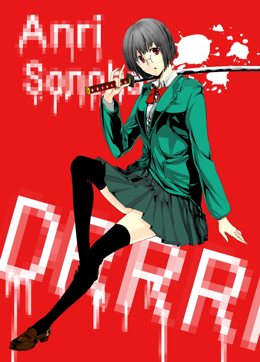 durarara!!, megane, seifuku, sonohara_anri, sword, tarako, thighhighs