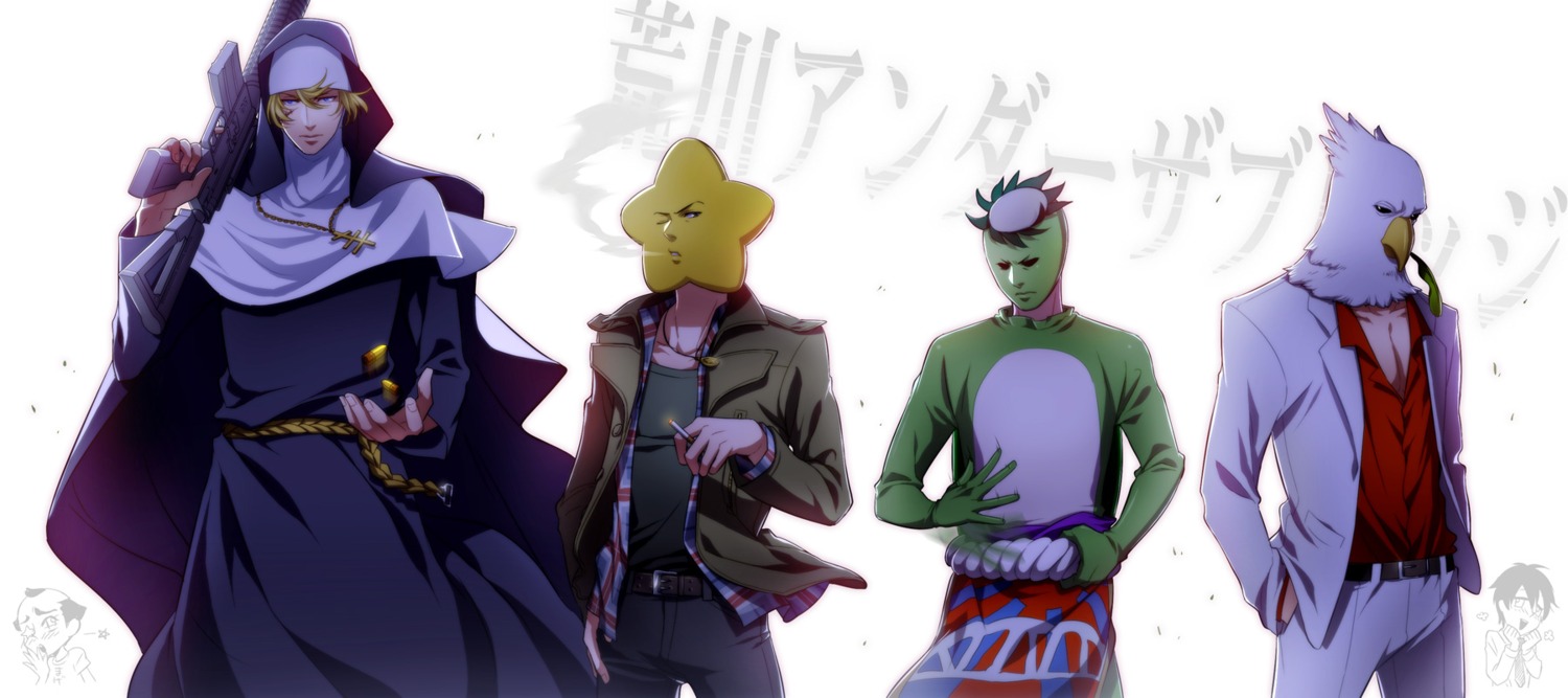 arakawa_under_the_bridge, billy_(arakawa), crossdress, gun, hoshi_(arakawa), ichinomiya_kou, kappa_(arakawa), kuren, last_samurai, male, nun, sister_(arakawa), smoking