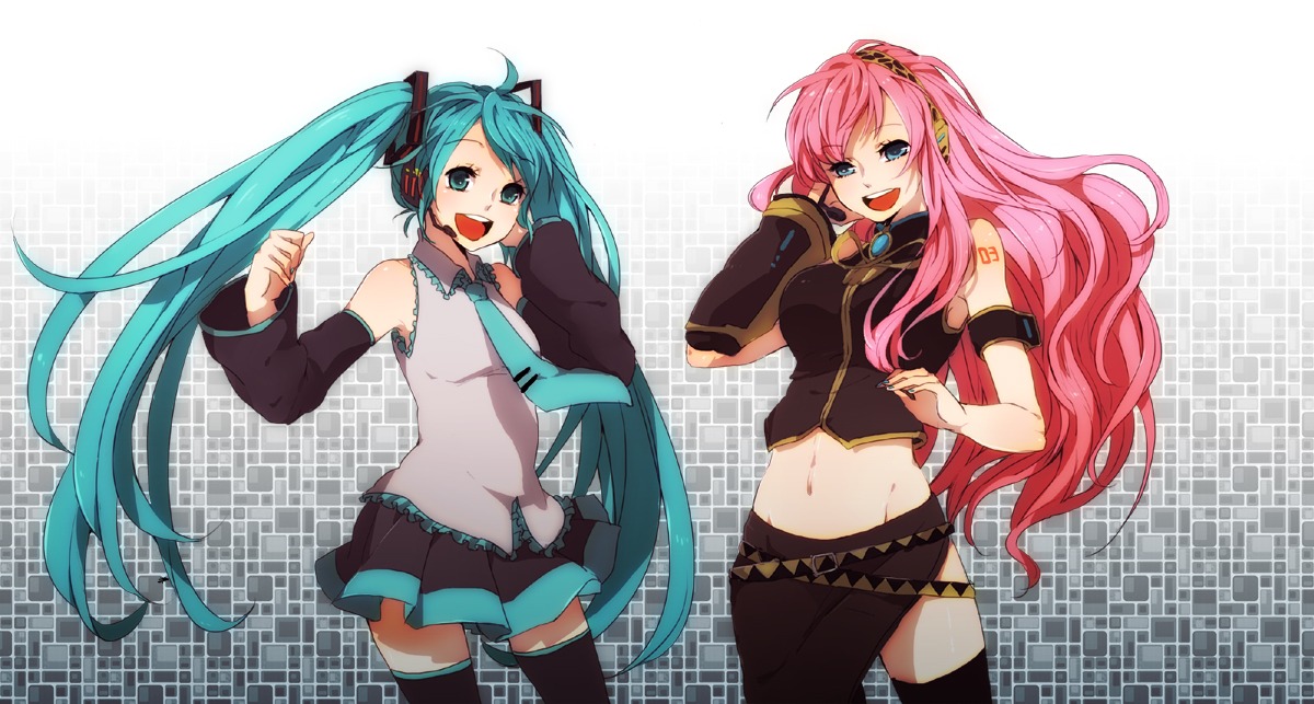hatsune_miku, headphones, megurine_luka, om, thighhighs, vocaloid