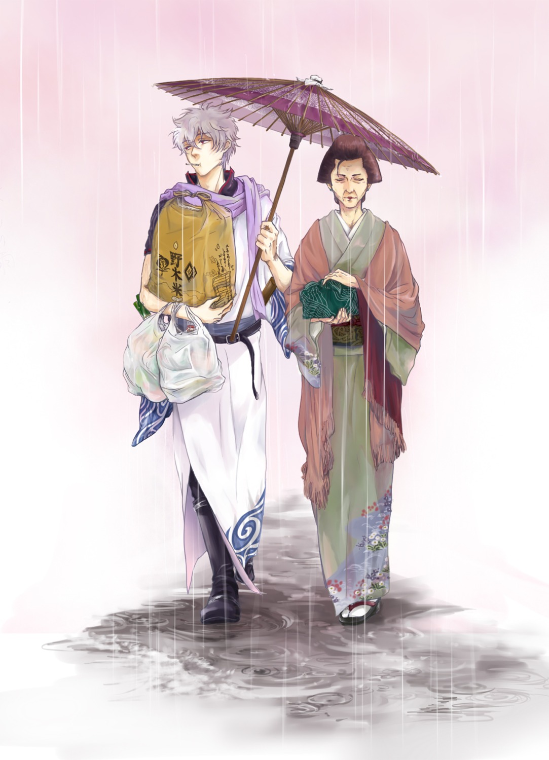 gintama, male, nijita, otose, sakata_gintoki, umbrella, yukata